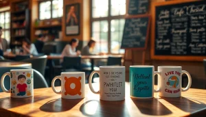 Puodeliai su spauda (puodeliai su spauda) rodomi jaukioje kavinės atmosferoje, skatinant kūrybiškumą ir asmeninį prisitaikymą.