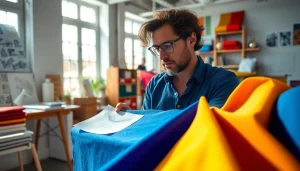 Canvas stoffen in een kleurrijke werkruimte met creatieve ontwerpen en stofmonsters.