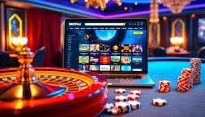 Engaging casino scene featuring BK8THAI website on a laptop with poker chips and cards.