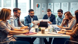 Post a sales job effectively with a focused team analyzing sales resumes in a bright office.