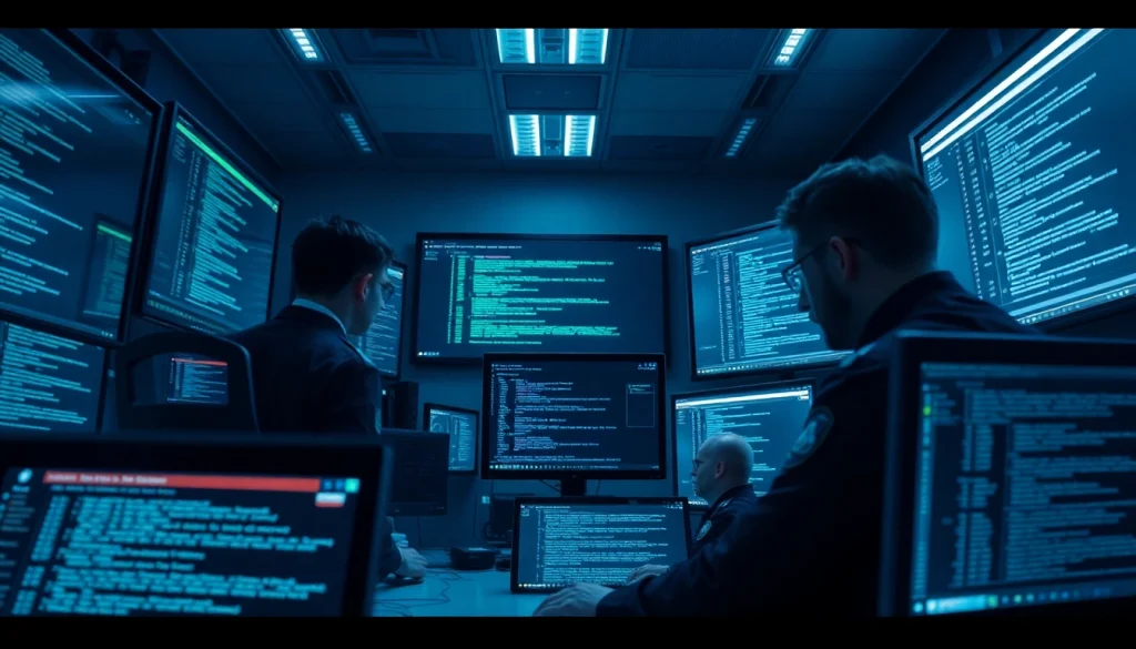 Law enforcement analyzing dark web data related to hidden wiki onion in a modern command center.