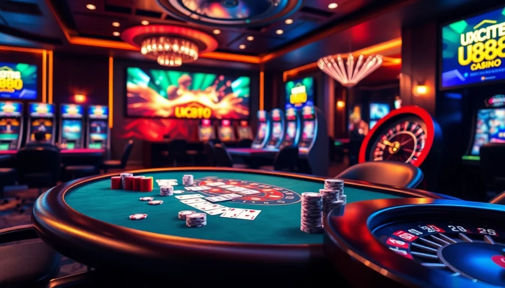 Exciting U888 com casino scene with poker, slots, and roulette highlighting gaming action.