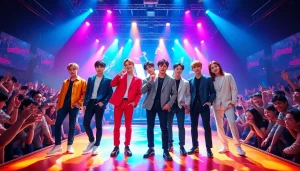 BTS members showcased in a vibrant concert setting, capturing energy and teamwork.