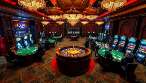 Players enjoying a high-stakes game at 98win3h.blog's luxurious casino with roulette wheel and poker tables.