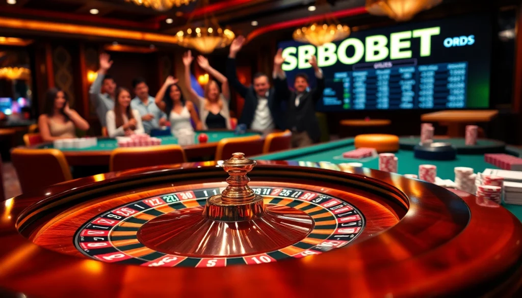 Experience the excitement of sbobet at a luxurious casino with vibrant roulette, chips, and players.