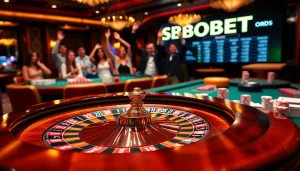 Experience the excitement of sbobet at a luxurious casino with vibrant roulette, chips, and players.