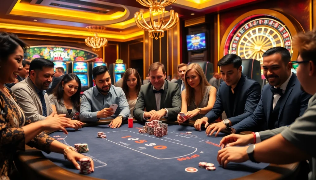 Players engaging with the IDN Slot gaming table, showcasing excitement and anticipation in a luxurious casino setting.