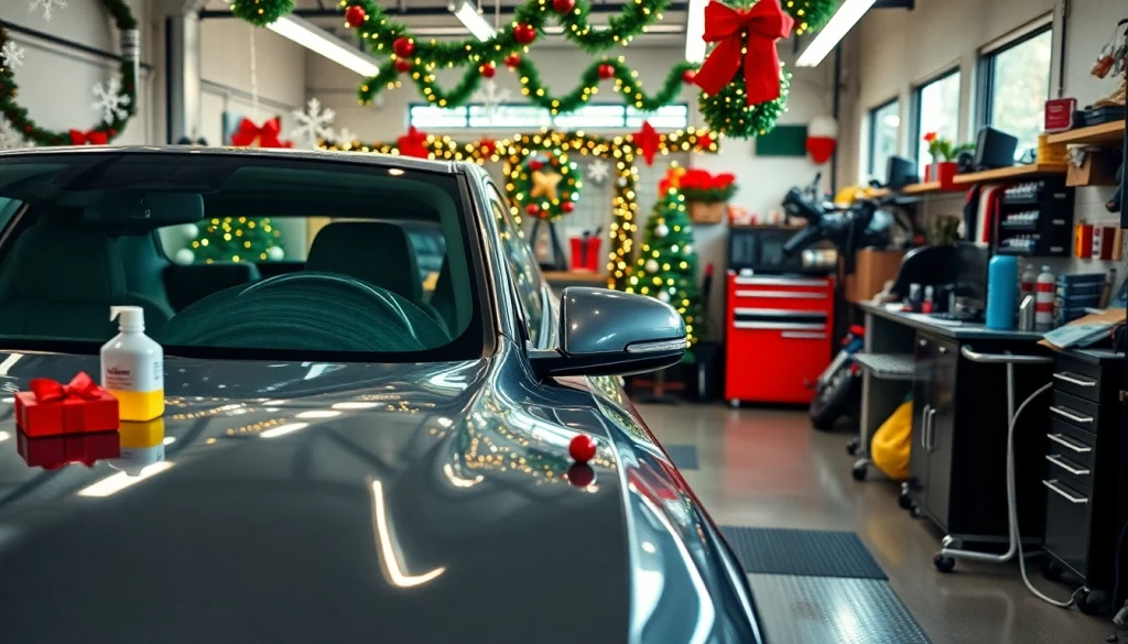 Surprising someone with a Christmas car detailing gift in a festive workshop.