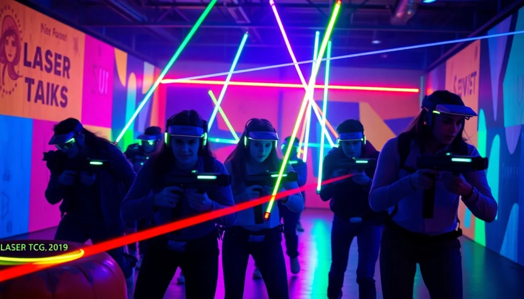 Players engaged in intense laser tag battle with neon-lit surroundings.