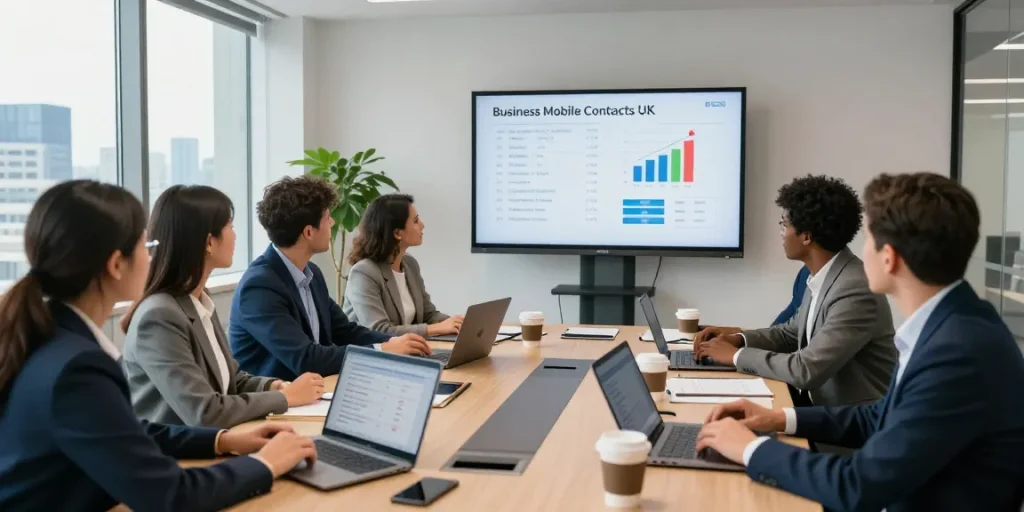 Team collaborating on business mobile contracts UK in a modern office setting