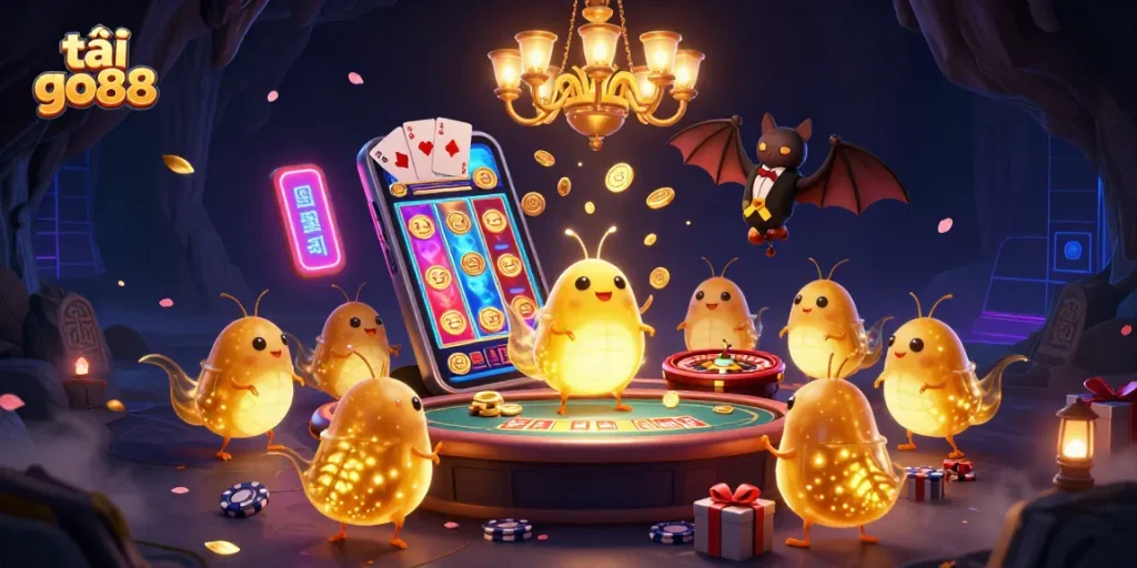 Play and win at tải go88 with vibrant glowing glowworms lighting a dynamic casino scene.