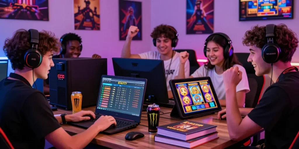 Exciting gaming scene with players enjoying situs gacor on various devices, celebrating wins and strategizing.