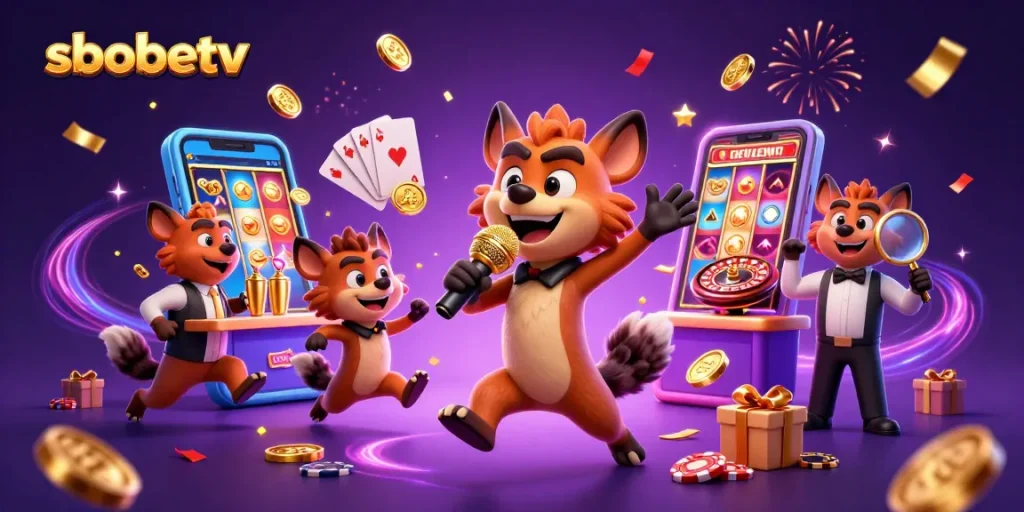 Experience sbobetv with a vibrant 3D scene of hyenas in a bustling casino, showcasing exciting gambling elements.