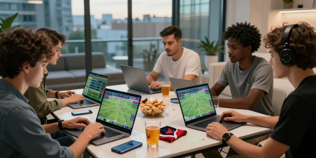 Friends engaging in sports betting, reading more about games in a lively setting.