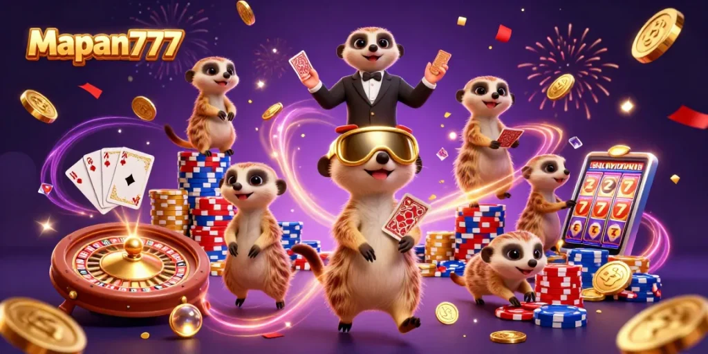 Mapan777 highlights a lively casino scene with meerkats engaging in gaming activities and winning strategies.