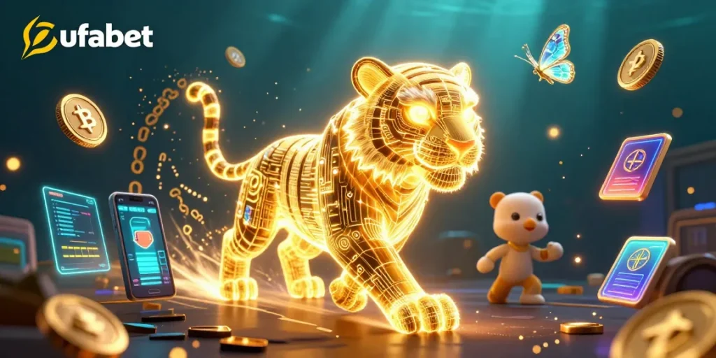 Engage in ufabet's vibrant gaming universe with a neon-wireframe tiger showcasing crypto-themed elements.