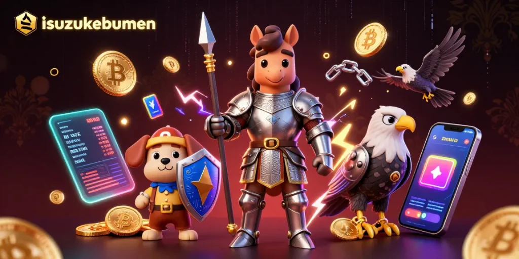 Engage with the futuristic isuzukebumen scene featuring knight, puppy, and falcon in a rich casino environment.