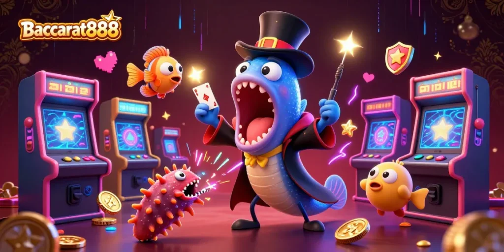 Experience Baccarat888 as a glowing underwater fantasy with magical card tricks and vibrant casino elements.