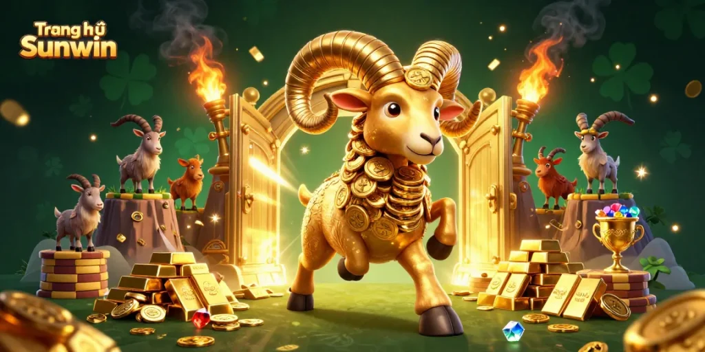 Experience the excitement at Trang chủ Sunwin with a charging golden ram surrounded by treasures and riches.