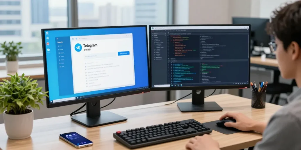 Developer using telegram中文版 interface on dual monitors in a modern workspace