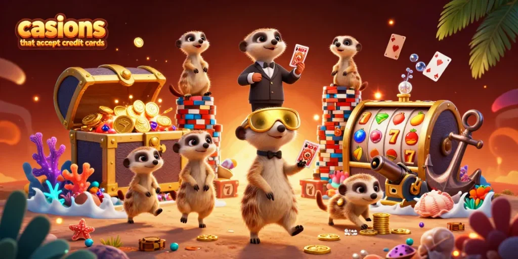 Meerkats creating a vibrant casino scene at casinos that accept credit cards with colorful game elements.