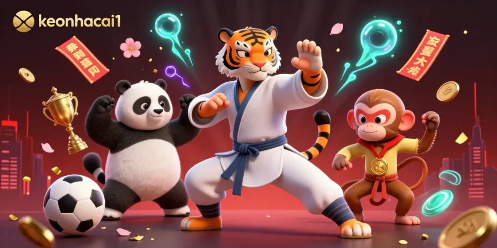 Engage in strategic betting with keonhacai1's vibrant scene, showcasing animated sports elements and dynamic characters.