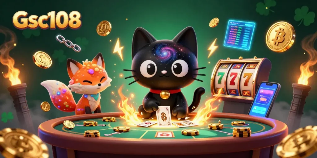 Gsc108 menampilkan kucing hitam dengan pola galaksi berputar di meja kasino menarik chip emas.