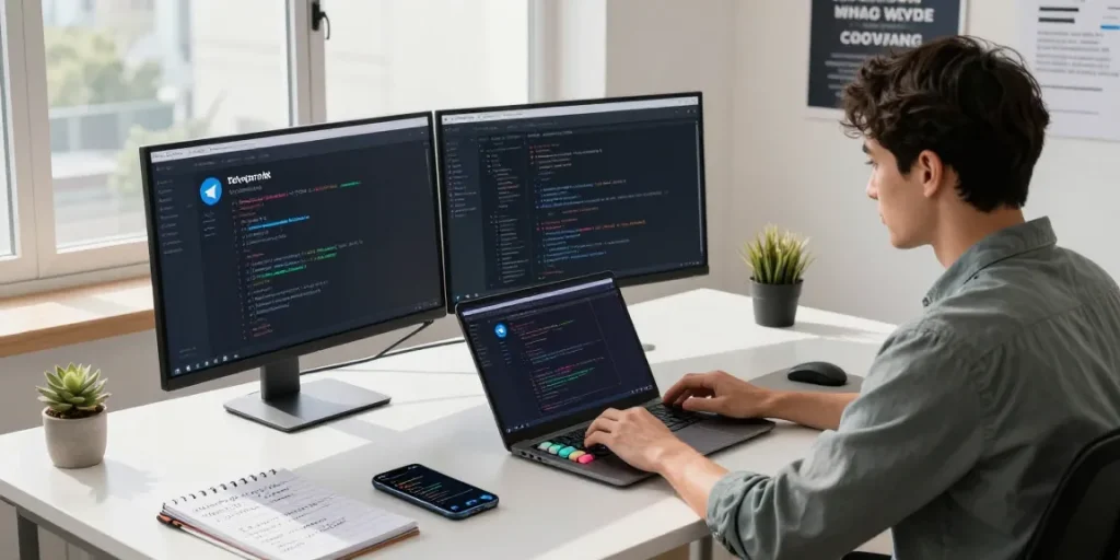 Developer coding in modern workspace for 纸飞机中文版 app, showcasing a productive environment.