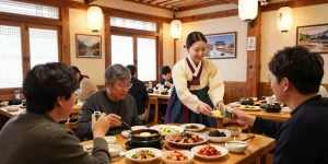 A lively scene at 상봉동 한국관 featuring traditional Korean dishes and warm atmosphere.