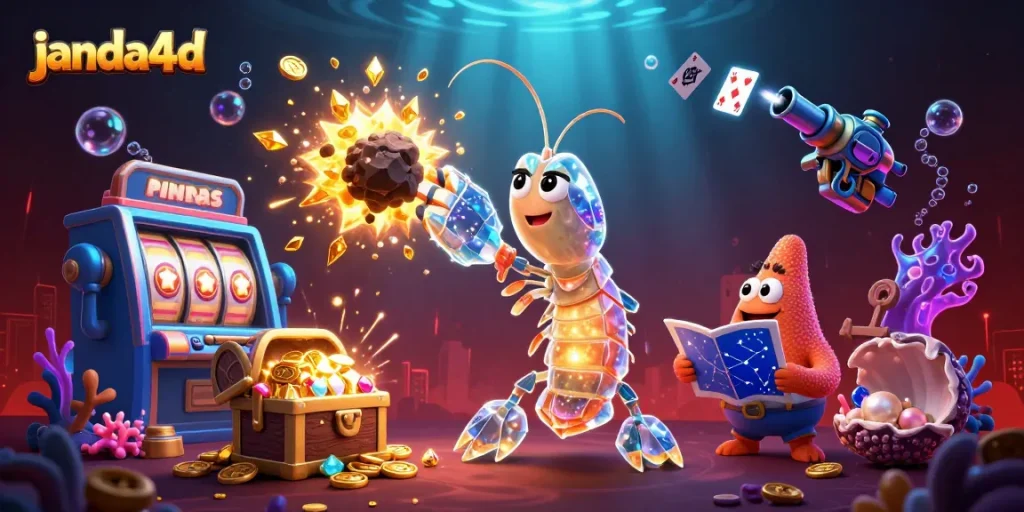 janda4d menampilkan samurai mantis karang dan bintang laut dalam ilustrasi kasino yang dinamis