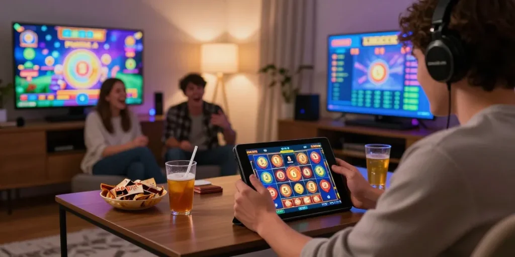 Player enjoying exciting slots where you can buy bonus, with vibrant visuals in a cozy gaming environment.