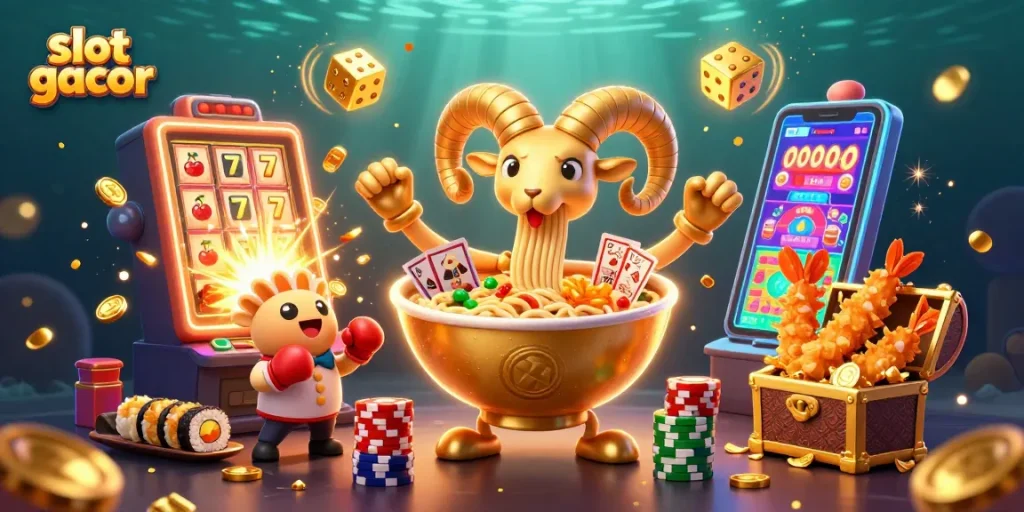 Menghadirkan slot gacor dengan karakter lucu dalam ilustrasi kasino yang dinamis, penuh koin dan simbol keberuntungan.