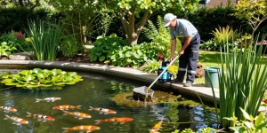 Pond Cleaning Surrey expert technician removing algae from a tranquil pond in Surrey.