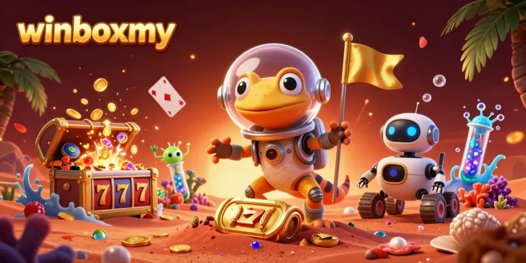 WinboxMY players enjoying dynamic slot games with Martian gecko and robot in casino scene