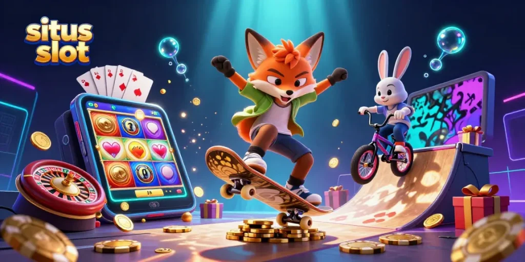 Experience situs slot excitement with a dynamic 3D scene of cartoon characters and casino elements.
