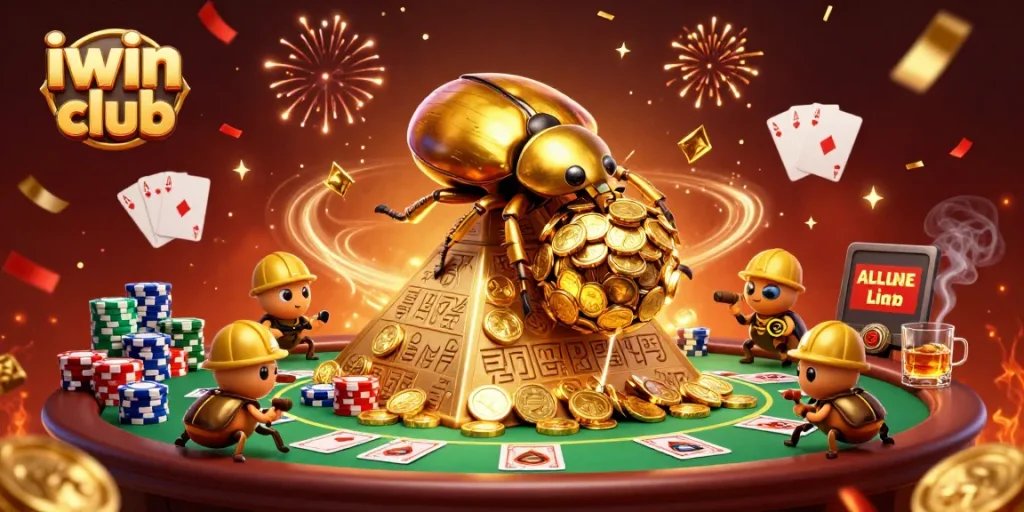 Experience exhilarating gaming at iwin club with vibrant casino-themed 3D illustration of golden beetles and poker elements