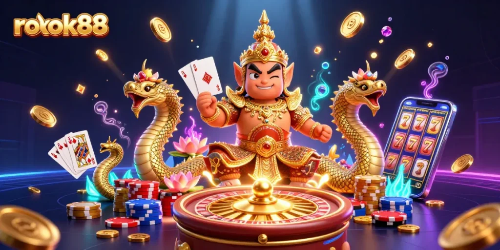 Experience thrilling gambling action with rokok88 as vibrant characters showcase a dynamic casino scene.