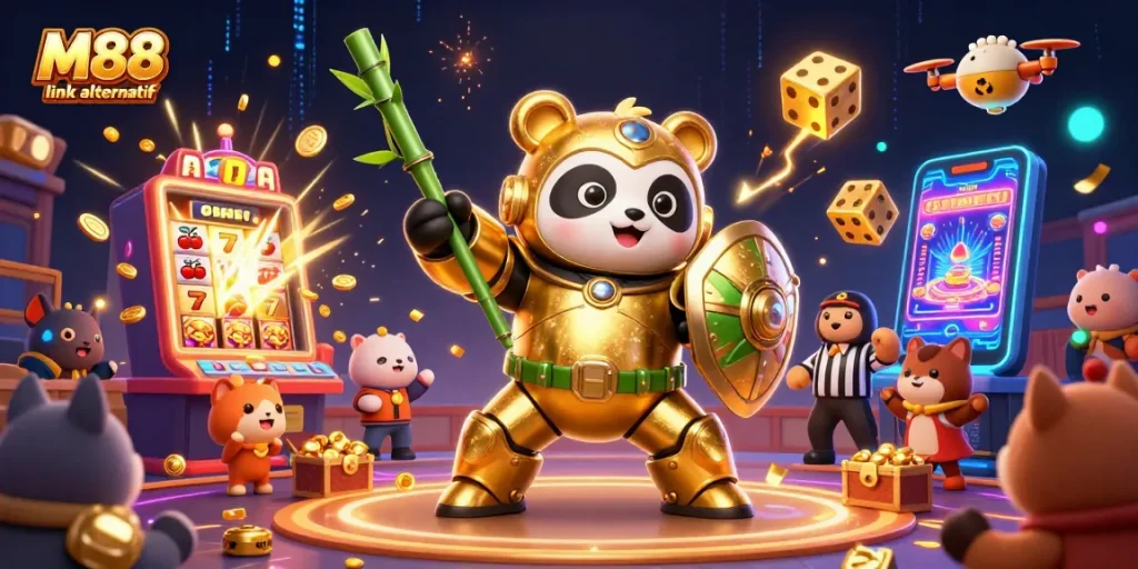 Play with the latest M88 link alternatif in an exciting 3D casino illustration featuring vibrant game elements.