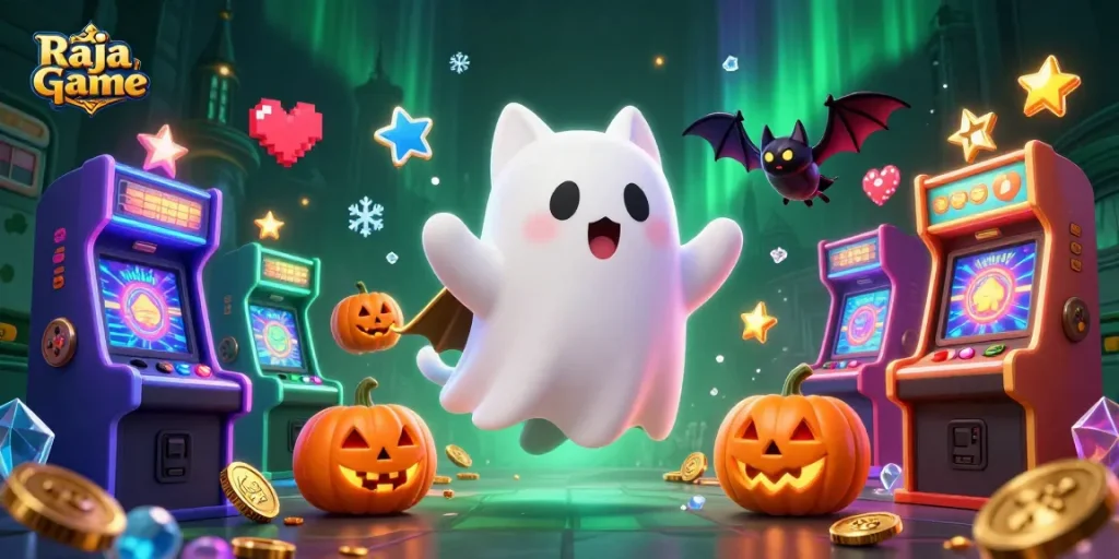 Engage with Raja Game's lively 3D scene featuring a ghost cat and vampire bat amidst glowing casino elements.