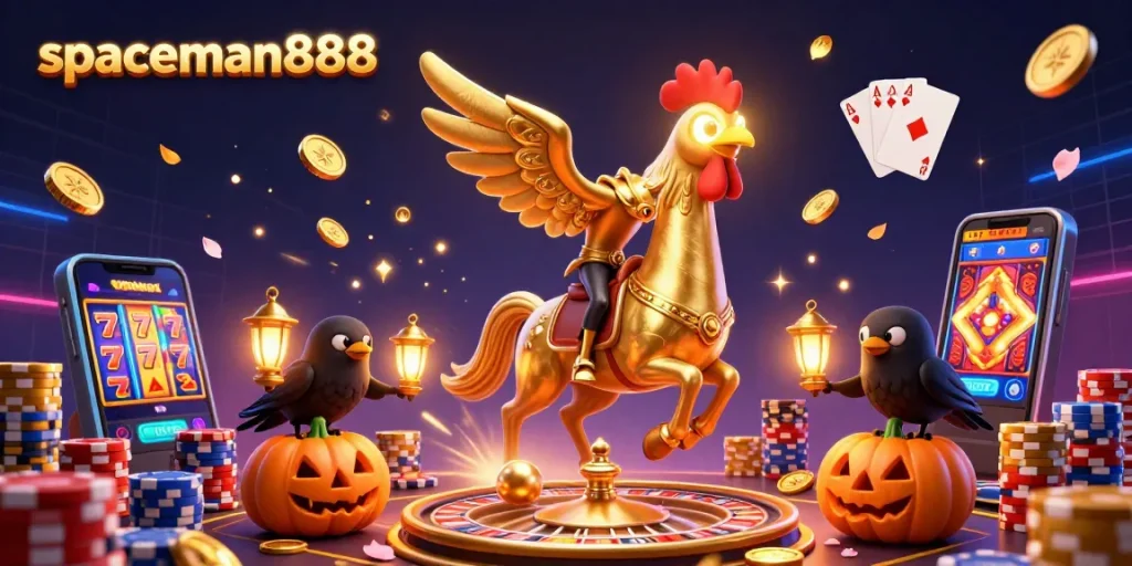 Experience the adventure of spaceman888 with a dazzling casino scene featuring a golden rooster headless horseman amidst sparkling winnings.
