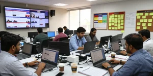 Energetic newsroom scene depicting reporters at https://www.theindaily.com covering live updates.