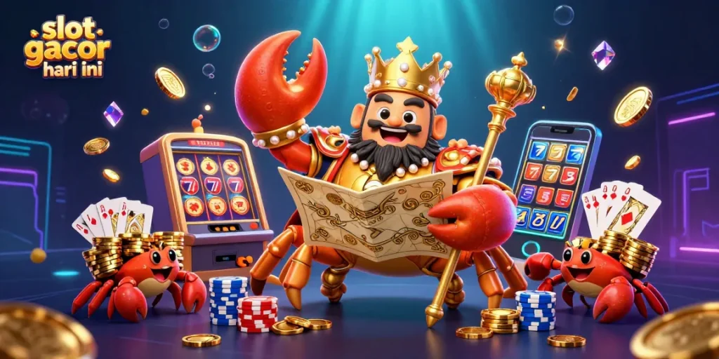Spin to win with slot gacor hari ini, featuring a golden crab emperor and vibrant casino elements.