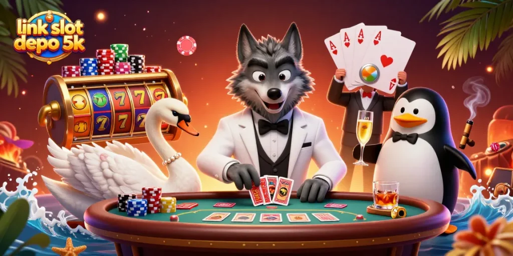Spin to win at link slot depo 5k with vibrant slot reels and lively characters in a dynamic casino scene.