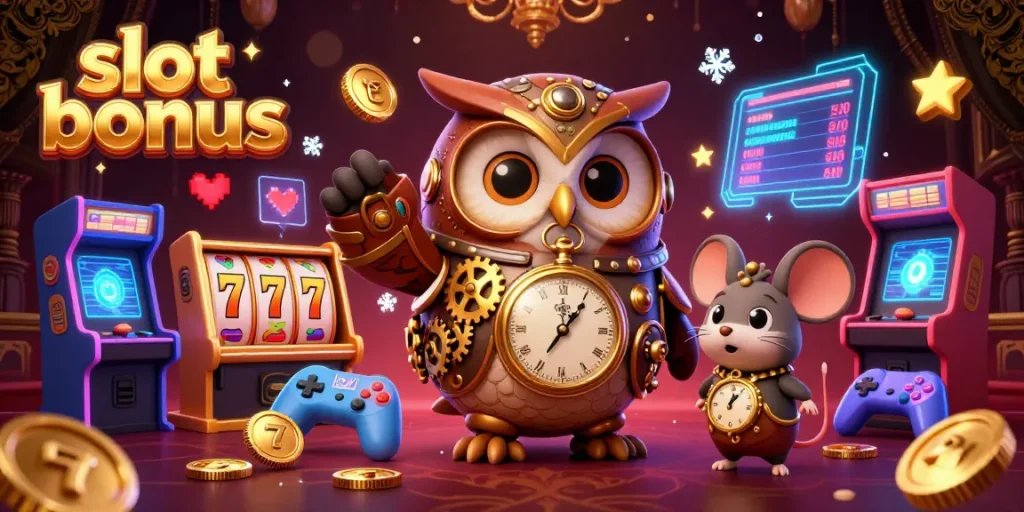 Experience the thrill of a slot bonus with this vibrant illustration of a time-traveler owl amidst casino elements.