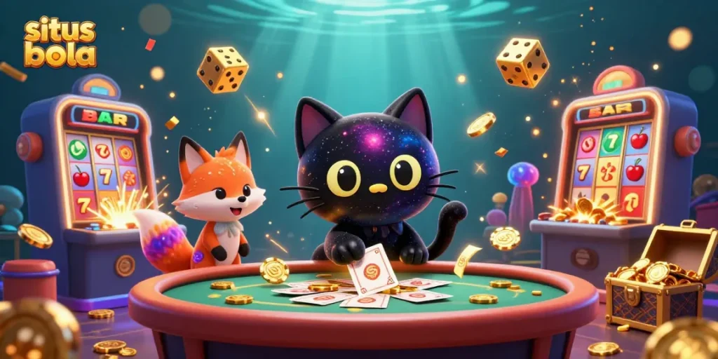Engage with situs bola through vibrant cosmic casino scene featuring a black hole cat and nebula fox.